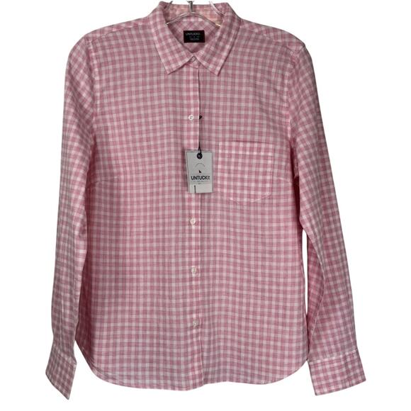 UNTUCKIT Calina Gingham Button Up Long Sleeve Shirt Cotton Pink White Size 4 - Picture 2 of 8
